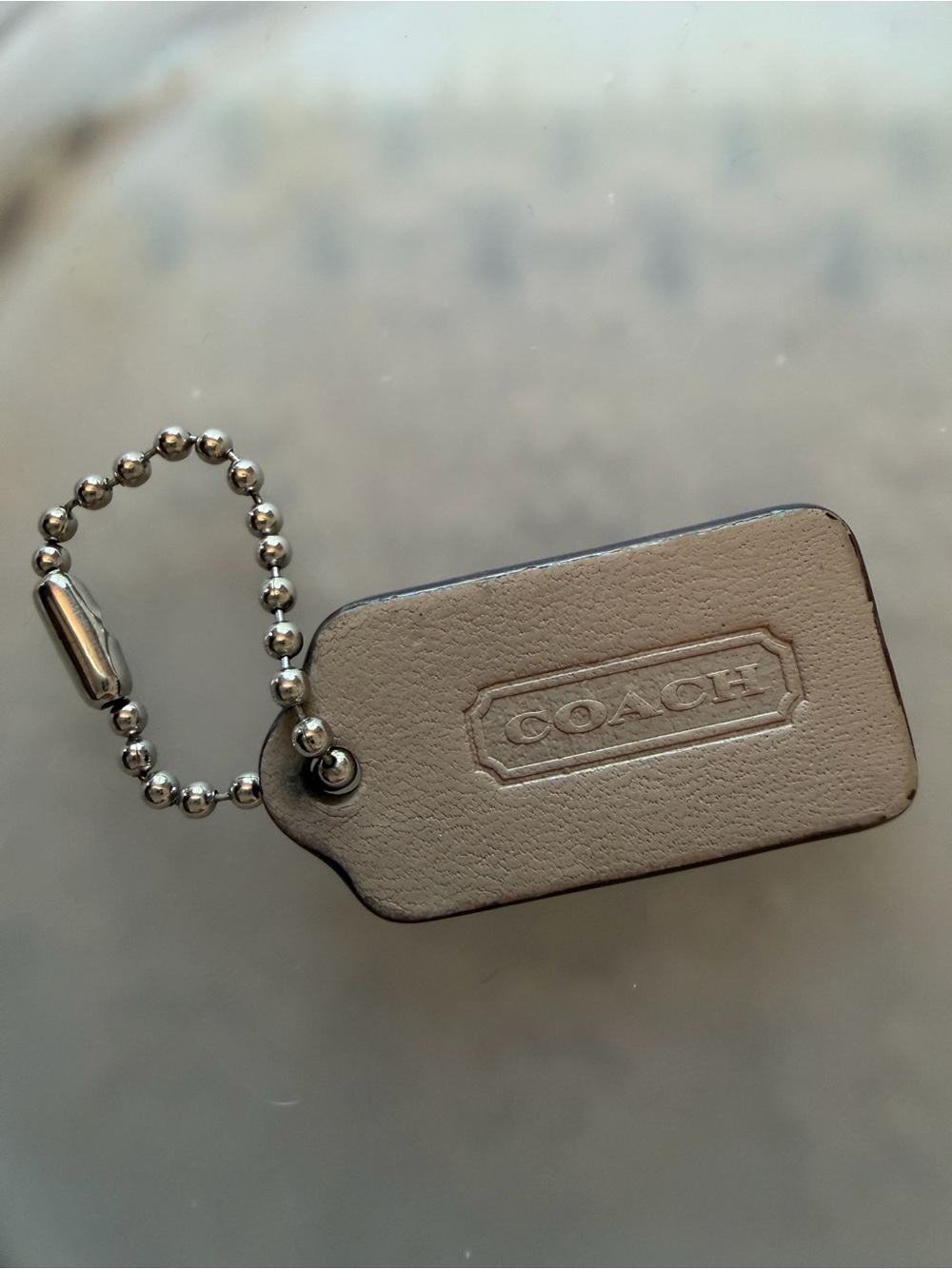 Coach Taupe Leather Hang Tag with Silver Tone Ball Chain Small